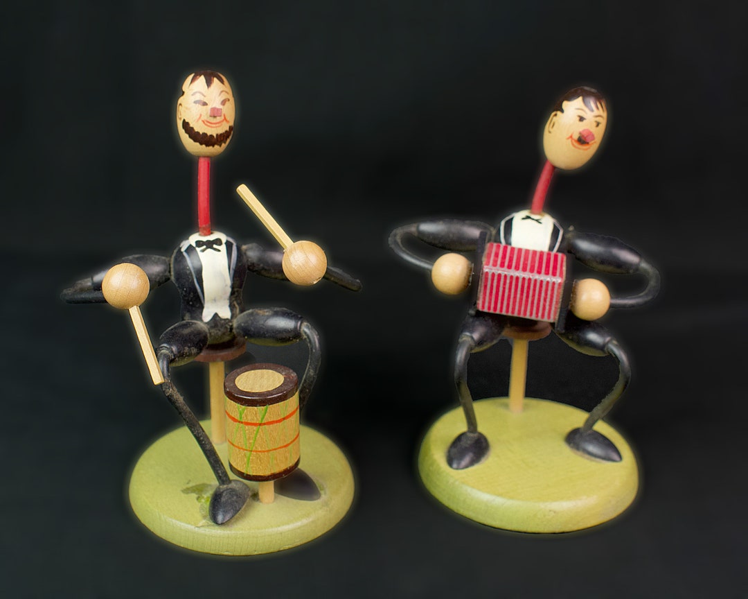 Vintage Wood Musician Figures Drum Accordion Austria Long Neck Stick ...