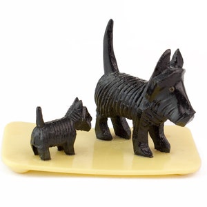 Vintage Small Black Scotties 2 Plastic Dogs on Platform