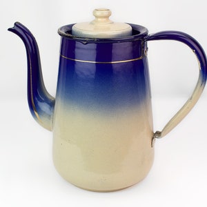 Vintage Enamelware Enamel Coffee Pot Tea Pot Decorative Blue Gold Beige Chippy Made in England Art Deco