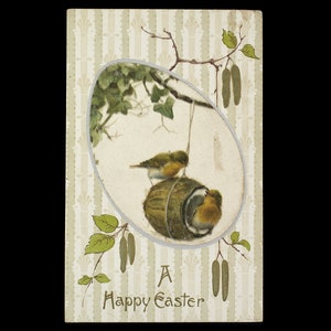 Vintage ansichtkaart Happy Easter Silver Birds in a Coconut Bird House Geschreven op maar niet gemaild Charming