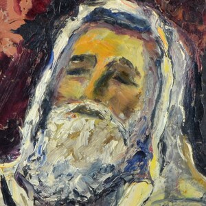 May include: A close-up of a painting depicting a man with a white beard and closed eyes. The man is wearing a white robe and has a yellow and orange complexion. The painting is done in a thick, impasto style.