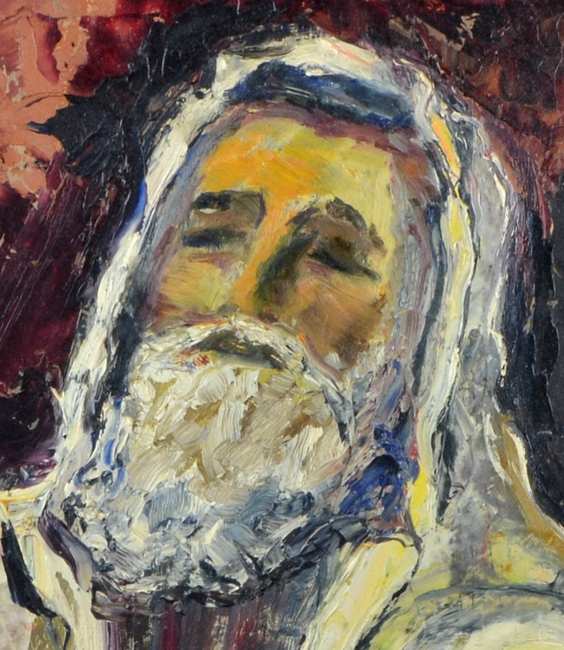 May include: A close-up of a painting depicting a man with a white beard and closed eyes. The man is wearing a white robe and has a yellow and orange complexion. The painting is done in a thick, impasto style.