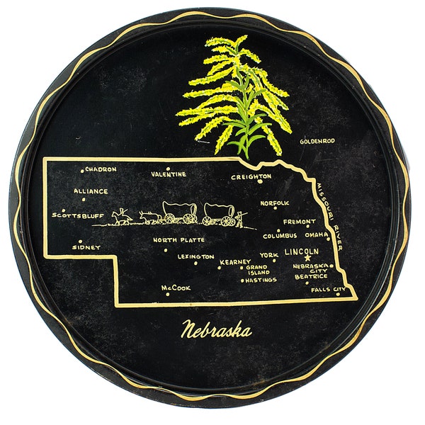 Vintage Nebraska Metal Black Tray State Souvenir Map