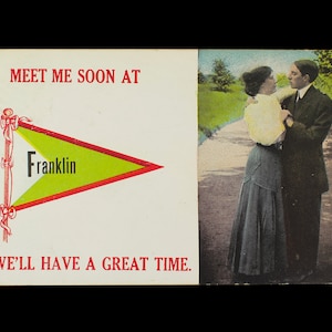 Cartão postal vintage Encontre-me em breve em Franklin Teremos um ótimo momento Casal Romance USADO New Hampshire