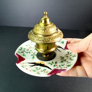 Vintage Inkwell Metal and Ceramic Painted Birds Rare and Unique