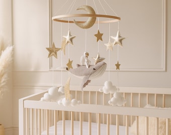 Space Baby Mobile with Whale Astronaut Moon and Stars | Outer Space Nursery Hanging Decor | Celestial Crib Mobile for Baby Room and Shower