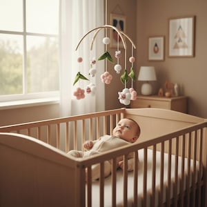 May include: A baby in a beige onesie lies in a wooden crib, looking up at a hanging mobile. The mobile features a wooden arch with hanging pink, white, and green felt flowers, bees, and pom-poms. The crib is in a room with a window and artwork.