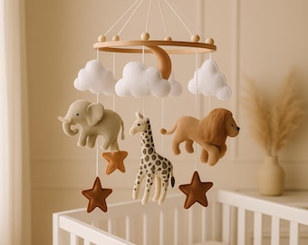 Safari baby mobile with rainbow and realistic felt animals, lion giraffe zebra elephant crib mobile, hanging ceiling mobile for newborn gift