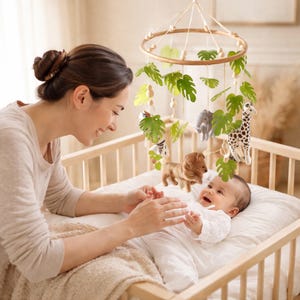 Forest Animal Baby Crib Mobile | Felt Woodland Nursery Decor | Hanging Bed Bell Rattle Toy | Newborn Wooden Bracket Mobile | 0-12 Months