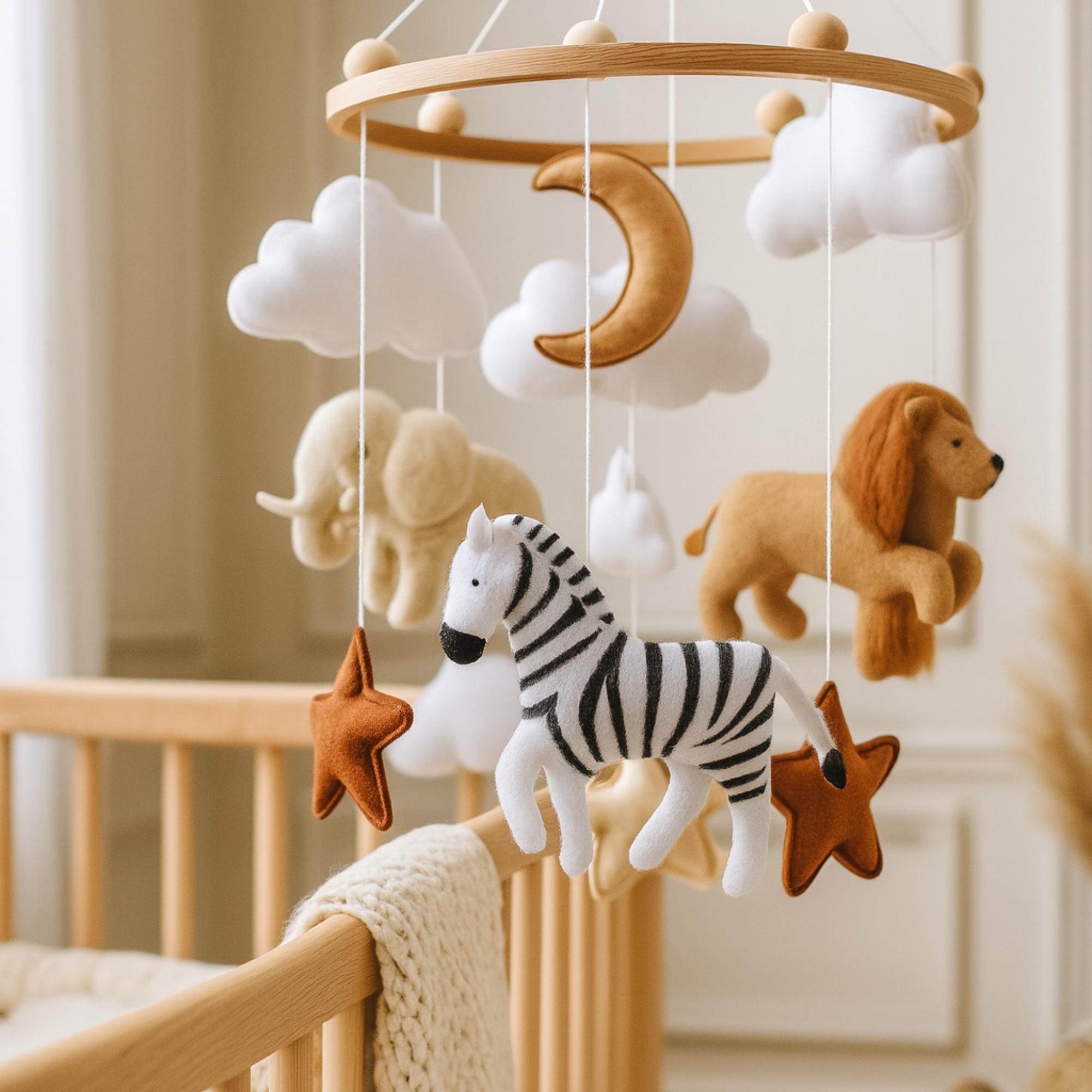 Safari Baby Mobile With Rainbow and Realistic Felt Animals, Lion