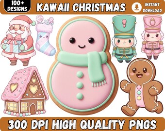 Cute Holiday PNG, Santa Reindeer Snowman Stickers, Merry Kawaii Christmas Clipart, sublimation, Kids Clipart Bundle, Commercial Use.