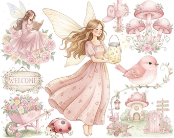 Niedliche Natur Feen Wald Geburtstag Bundle für Fantasy Illustrationen, Märchenhaus Magie rosa, Aquarell magische Garten Feen Clipart.