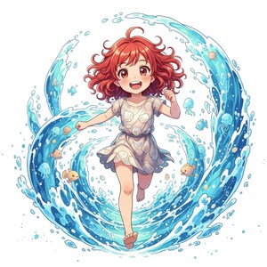 May include: A cartoon illustration of a child with red hair running through a wave of blue water. The child wears a white dress with a seashell pattern, with cartoon fish and jellyfish in the water.