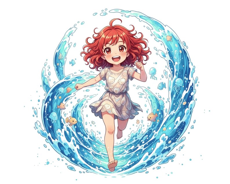 May include: A cartoon illustration of a child with red hair running through a wave of blue water. The child wears a white dress with a seashell pattern, with cartoon fish and jellyfish in the water.