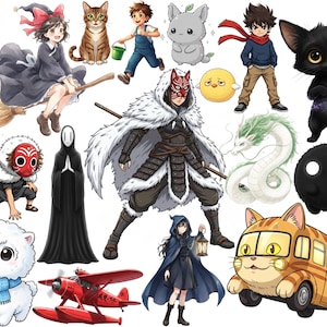 May include: A vibrant collection of anime-style illustrations showcasing diverse characters and creatures. Includes a witch on a broom, a cat, a boy with a bucket, a gray creature, a boy with a red scarf, a black cat, a mask, a dragon, and a bus.