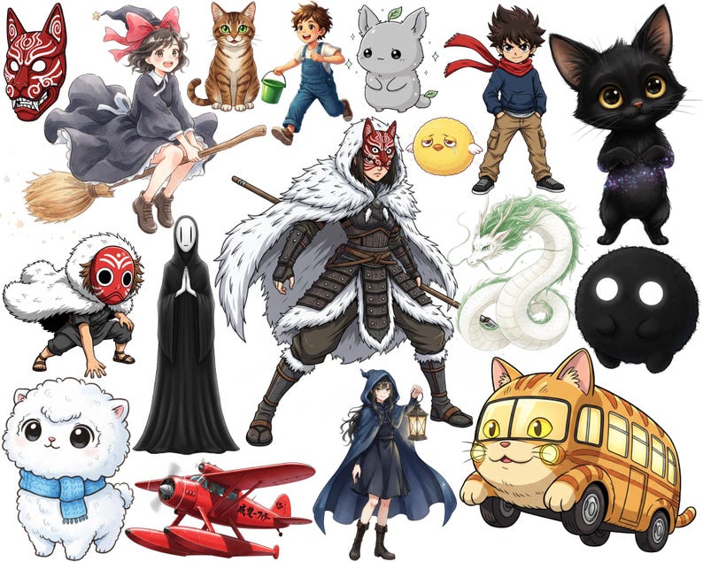 May include: A vibrant collection of anime-style illustrations showcasing diverse characters and creatures. Includes a witch on a broom, a cat, a boy with a bucket, a gray creature, a boy with a red scarf, a black cat, a mask, a dragon, and a bus.