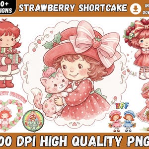 100+ Retro Straw-bery Sh0rt-cake PNG Bundle, Cartoon Girl Clipart, Cute Berry Friends, Coquette Bow, Vintage Sticker Pack, instant download