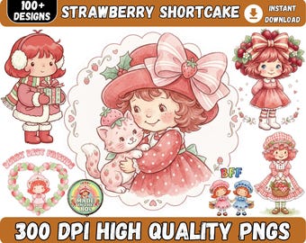 100+ Retro Straw-Bery Shortcake PNG-bundel, Cartoon Girl Clipart, Cute Berry Friends, Coquette Bow, Vintage Sticker Pack, instant download