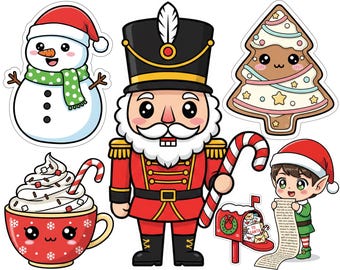 May include: A collection of Christmas-themed cartoon stickers. Includes a snowman with a red hat and green scarf, a nutcracker soldier, a gingerbread tree, a cup of hot cocoa with a candy cane, and an elf with a list.