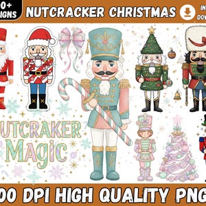 May include: A collection of watercolor-style Christmas nutcracker designs. The image includes various nutcracker figures in festive outfits, along with the text "Nutcracker Christmas" and "Nutcracker Magic". The image also states "100+ Designs" and "300 DPI High Quality PNGs".