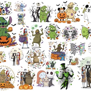 May include: A collection of Halloween-themed illustrations featuring characters from Disney's The Nightmare Before Christmas and other Disney characters. The images include Jack Skellington, Sally, Oogie Boogie, Stitch, and Mickey Mouse, with pumpkins, bats, and candy.