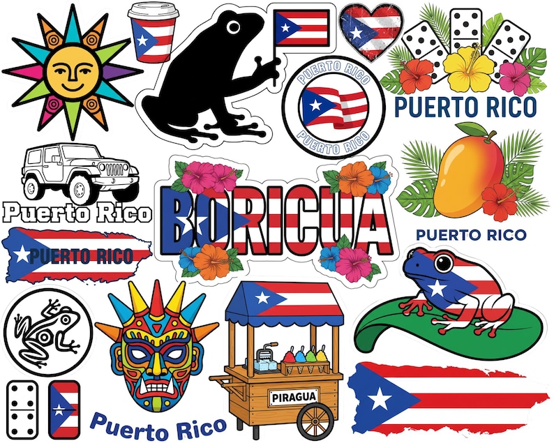 Op de afbeelding: Een verzameling kleurrijke stickers met Puerto Rico-thema. Ontwerpen omvatten de Puerto Ricaanse vlag, een kikker, een jeep, een mango, dominostenen en het woord "BORICHA" met bloemen. De stickers zijn in verschillende vormen en maten.