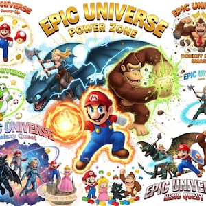 May include: A vibrant digital illustration featuring characters from the "Epic Universe" series. Mario, Donkey Kong, and other characters are depicted in action poses. The image includes text elements such as "Power Zone," "Mario Power-Up," and "Donkey Kong Smash."