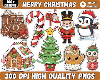 May include: A selection of Christmas-themed digital designs. Features a gingerbread train, candy cane, mailbox, nutcracker, penguin, gingerbread house, Christmas tree, mitten, and owl. The text reads "MERRY CHRISTMAS" and "100+ DESIGNS".