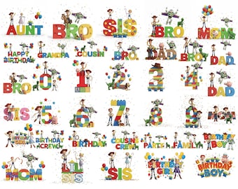 May include: A collection of colorful birthday and family-themed designs featuring characters from a popular animated movie. The designs include words like "Aunt", "Bro", "Sis", "Mom", and numbers, with confetti and balloons.