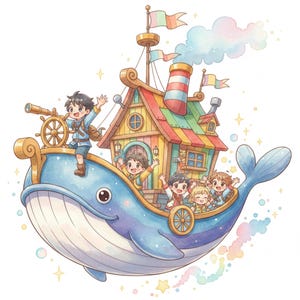 May include: A charming watercolour illustration depicts a blue whale-shaped boat with a colourful house on its back. Several children wave from the boat, and one child looks through a telescope. The boat has a smokestack and is surrounded by bubbles and stars.