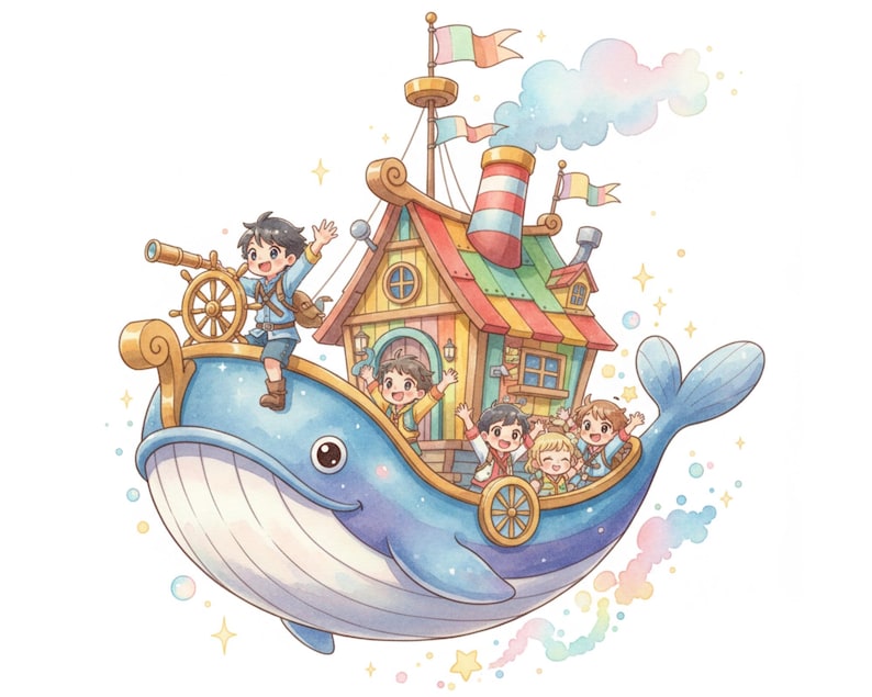 May include: A charming watercolour illustration depicts a blue whale-shaped boat with a colourful house on its back. Several children wave from the boat, and one child looks through a telescope. The boat has a smokestack and is surrounded by bubbles and stars.