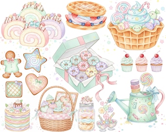 Zestaw clipartów Pastel Candyland, cliparty akwarelowe ze słodyczami, cliparty Cake Pops, cukierki urodzinowe, pastelowe słodycze PNG, babeczki, ciastka, pianki