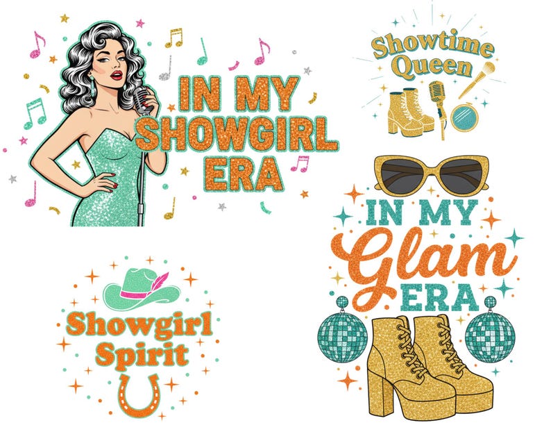 Pu&ograve; includere: Una collezione di grafiche in stile retr&ograve; con tema showgirl. I disegni includono una donna affascinante con un microfono, il testo "In My Showgirl Era" e altri elementi come stivali, occhiali da sole e palle da discoteca. La tavolozza dei colori presenta verde acqua, arancione e oro.