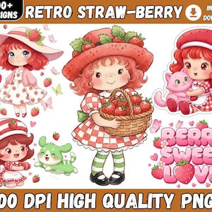 May include: A collection of retro-style strawberry-themed digital designs. The image features several illustrations of girls with red hair and strawberry-themed outfits, along with the text "Berry Sweet Love". The designs are labeled as 300 DPI high-quality PNGs.