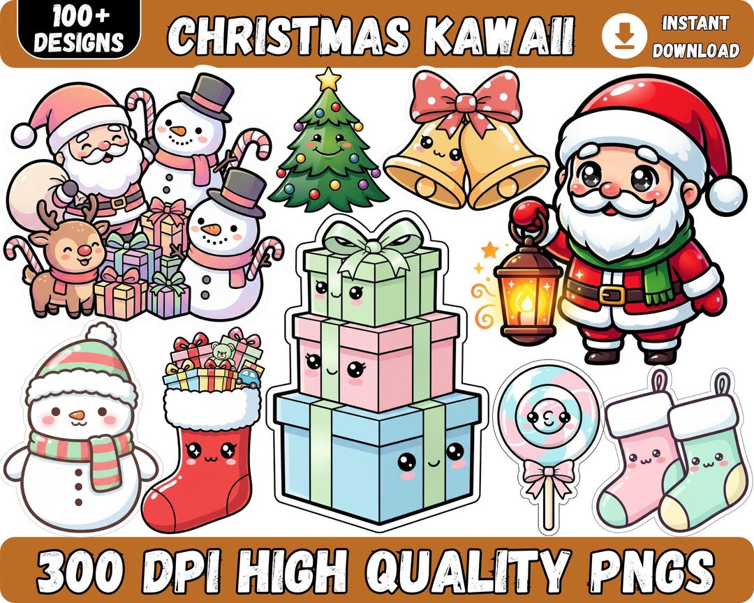 100+ Christmas Kawaii Clipart Set, Santa Reindeer Snowman Png, Kawaii ...