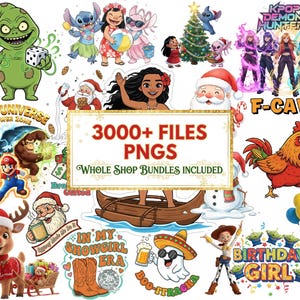 Pu&ograve; includere: Una collezione di immagini PNG colorate con vari personaggi dei cartoni animati, tra cui Stitch, Moana, Babbo Natale e personaggi di Nightmare Before Christmas. L'immagine include il testo "3000+ FILES PNGS Whole Shop Bundles Included."