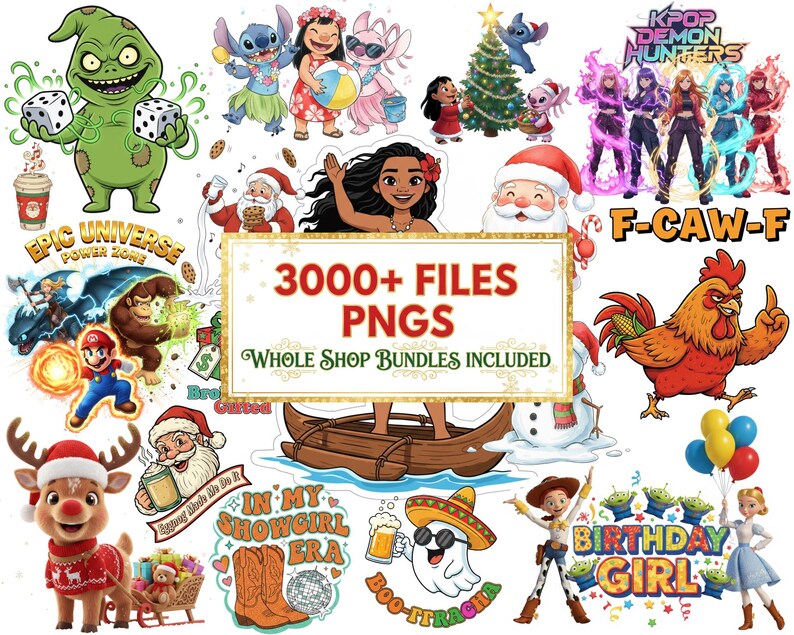 Pu&ograve; includere: Una collezione di immagini PNG colorate con vari personaggi dei cartoni animati, tra cui Stitch, Moana, Babbo Natale e personaggi di Nightmare Before Christmas. L'immagine include il testo "3000+ FILES PNGS Whole Shop Bundles Included."