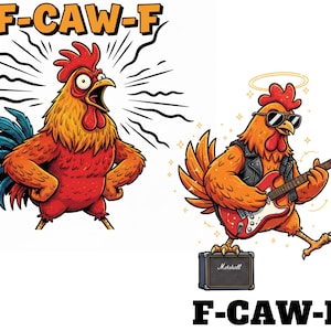 Pu&ograve; includere: Due illustrazioni di galli dei cartoni animati. Uno urla con una cresta rossa e piume arancioni e rosse. L'altro gallo indossa occhiali da sole e una giacca di pelle, suonando una chitarra rossa. Il testo in alto e in basso recita "F-CAW-F".