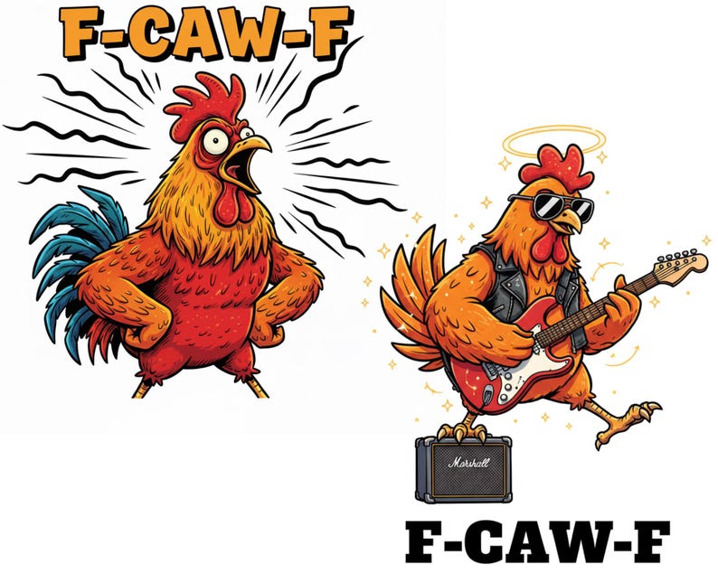 Pu&ograve; includere: Due illustrazioni di galli dei cartoni animati. Uno urla con una cresta rossa e piume arancioni e rosse. L'altro gallo indossa occhiali da sole e una giacca di pelle, suonando una chitarra rossa. Il testo in alto e in basso recita "F-CAW-F".