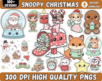 100+ Kawaii Christmas PNG, Merry Christmas Clipart PNG bundle, Cute Christmas Clipart, Holiday PNG,Santa,Reindeer,Snowman,Christmas stickers