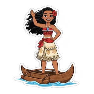 Pu&ograve; includere: Illustrazione di un cartone animato di una giovane donna con lunghi capelli neri, che indossa un abito rosso e bianco, in piedi su una canoa di legno. Sta salutando con una mano e sorridendo. Un fiore rosso &egrave; tra i suoi capelli.