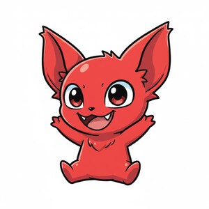 May include: A cartoon illustration of a red creature with large ears, big eyes, and a wide grin. The creature is sitting with its arms raised, and its mouth is open, revealing teeth. The background is plain white.