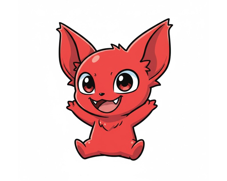 May include: A cartoon illustration of a red creature with large ears, big eyes, and a wide grin. The creature is sitting with its arms raised, and its mouth is open, revealing teeth. The background is plain white.