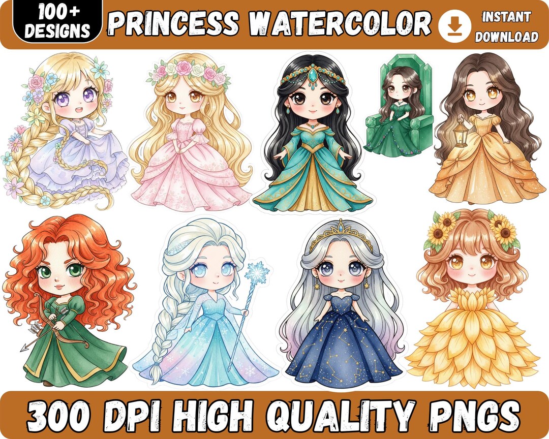 100+ Princess Watercolor Clipart Png Bundle, Cute Princess Pngs ...
