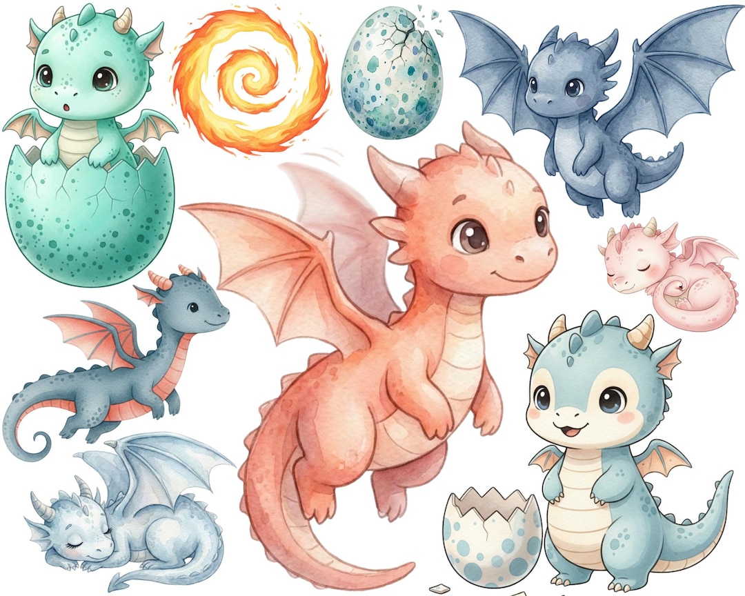 Watercolor Baby Dragons Clipart Bundle, Cute Baby Dragon Png Clipart ...