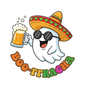 Pu&ograve; includere: Un fantasma dei cartoni animati con occhiali da sole e un sombrero, che tiene in mano un boccale di birra. Il fantasma ha una faccia sorridente ed &egrave; circondato dal testo "BOO-TRACHA" in arancione, giallo e rosa. L'immagine &egrave; un design divertente e festoso.