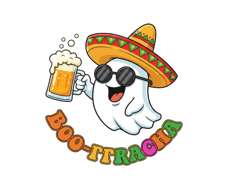 Pu&ograve; includere: Un fantasma dei cartoni animati con occhiali da sole e un sombrero, che tiene in mano un boccale di birra. Il fantasma ha una faccia sorridente ed &egrave; circondato dal testo "BOO-TRACHA" in arancione, giallo e rosa. L'immagine &egrave; un design divertente e festoso.