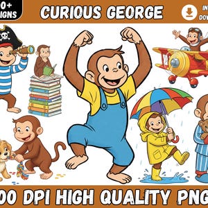 Más de 100 imágenes PNG de Curious George Monkey, diseños fáciles de usar, personajes de dibujos animados, capas de colores, PNG transparente, descarga digital instantánea