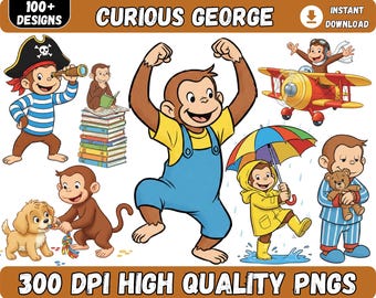 Pacchetto di oltre 100 scimmiette Png di Curious George, design facili da usare, personaggi dei cartoni animati, stratificati per colori, Png trasparenti, download digitale istantaneo