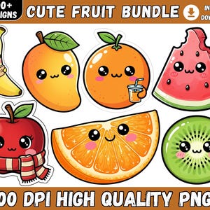 Paquete de más de 100 imágenes prediseñadas de frutas lindas PNG, imágenes prediseñadas de frutas Kawaii, personajes de frutas Kawaii, frutas adorables, fondo transparente, descarga digital.